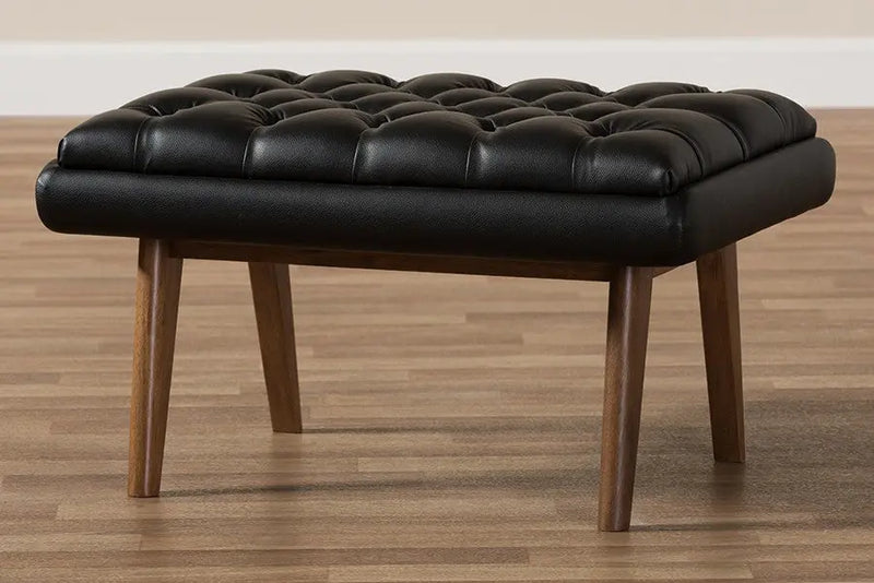Alexander Black Faux Leather Upholstered Walnut Finished Wood Ottoman iHome Studio