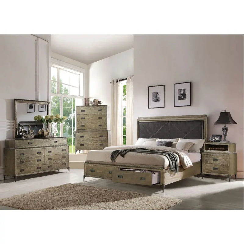 Alina King Bed w/Two Front Drawer, Weather Oak iHome Studio