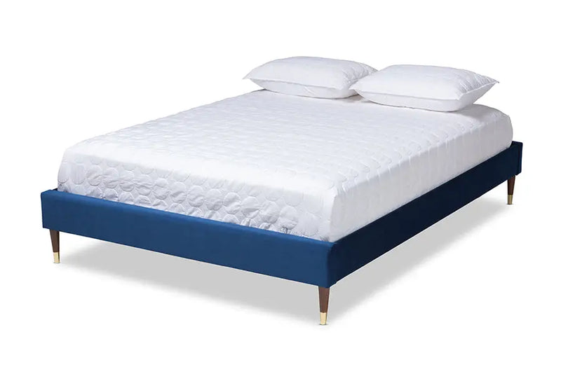 Alyssa Navy Blue Velvet Fabric Wood Platform Bed w/Gold Leg (Queen) iHome Studio