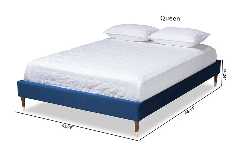 Alyssa Navy Blue Velvet Fabric Wood Platform Bed w/Gold Leg (Queen) iHome Studio