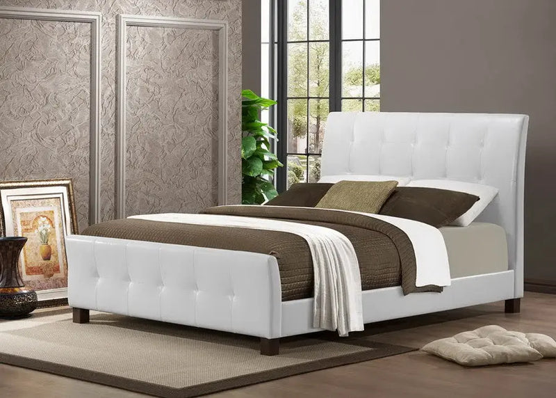 Amara White Faux Leather Platform Bed w/Upholstered Headboard, Footboard (Queen) iHome Studio