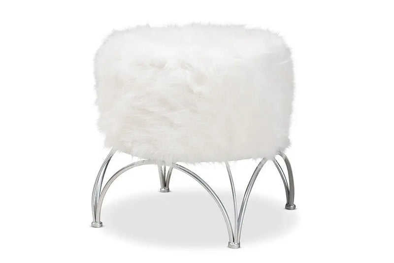 Andrew White Faux Fur Upholstered Silver Metal Ottoman iHome Studio