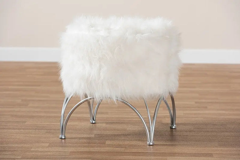 Andrew White Faux Fur Upholstered Silver Metal Ottoman iHome Studio
