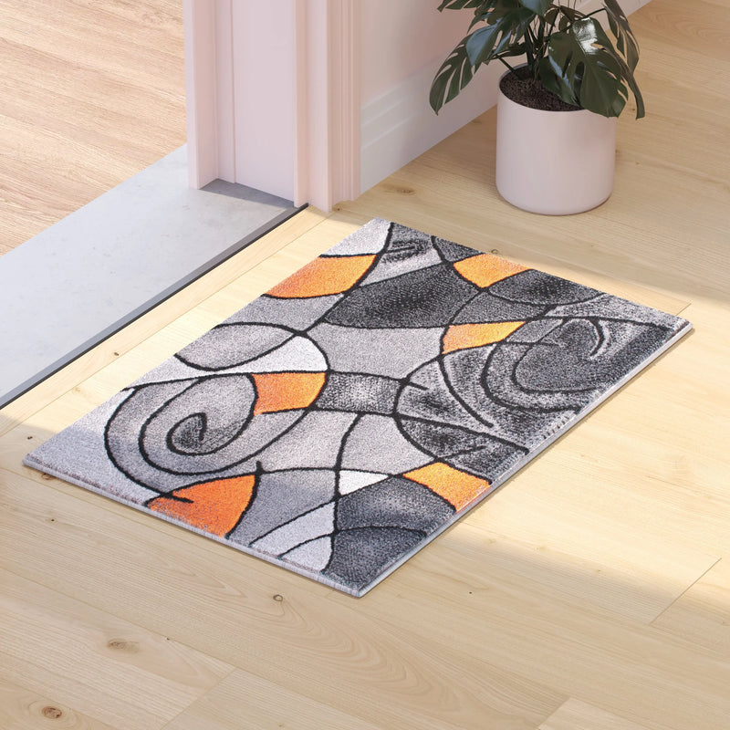 Angie Collection 2' x 3' Orange Abstract Pattern Area Rug - Olefin Rug with Jute Backing iHome Studio