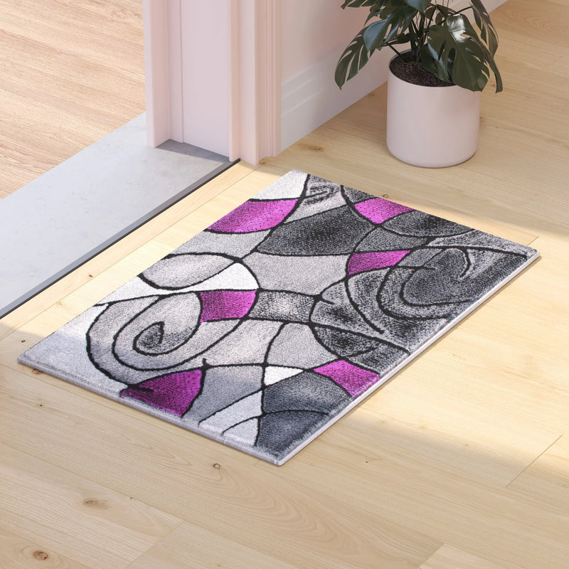 Angie Collection 2' x 3' Purple Abstract Pattern Area Rug - Olefin Rug with Jute Backing iHome Studio