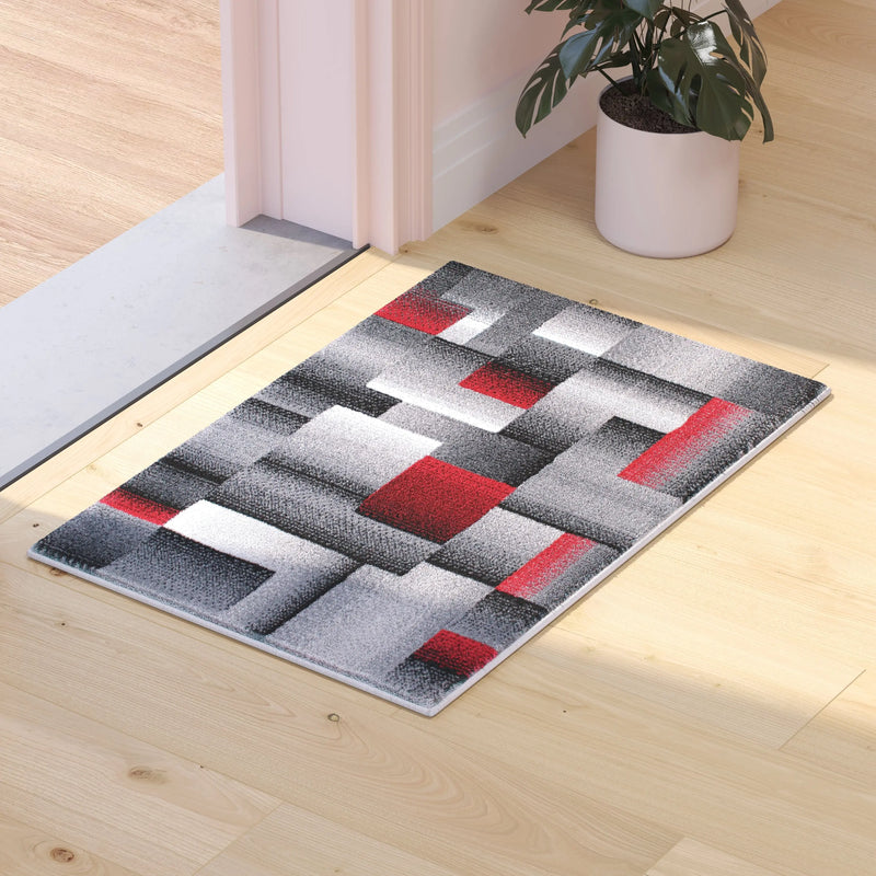 Angie Collection 2' x 3' Red Color Blocked Area Rug - Olefin Rug with Jute Backing iHome Studio