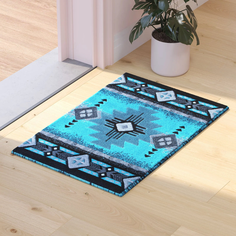 Angie Collection 2' x 3' Turquoise Traditional Southwestern Style Area Rug - Olefin Fibers with Jute Backing iHome Studio