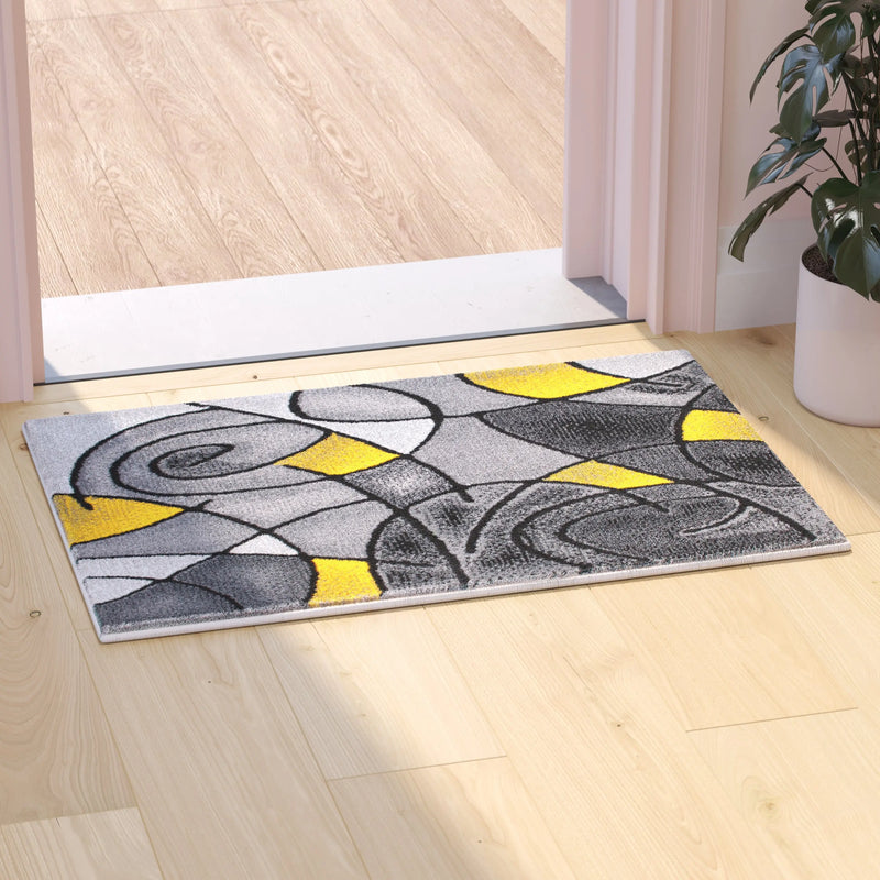 Angie Collection 2' x 3' Yellow Abstract Pattern Area Rug - Olefin Rug with Jute Backing iHome Studio