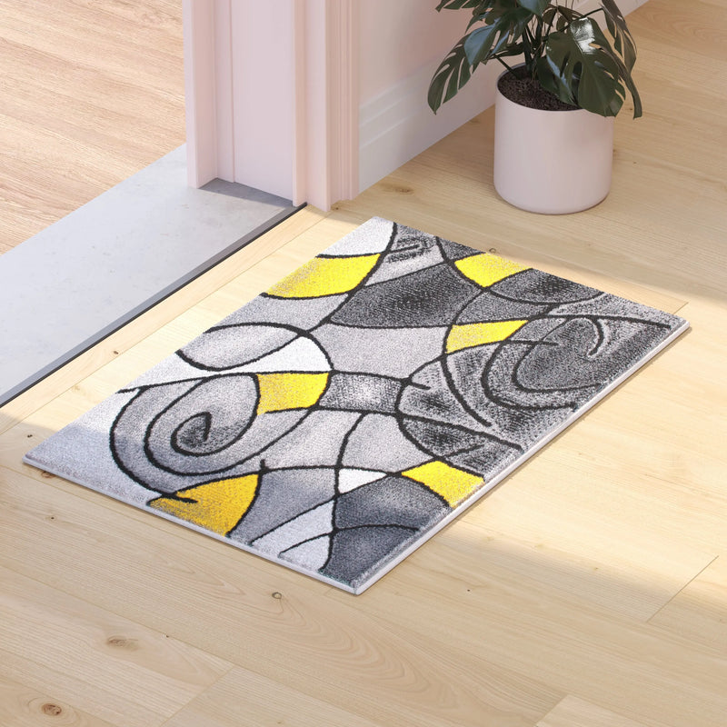 Angie Collection 2' x 3' Yellow Abstract Pattern Area Rug - Olefin Rug with Jute Backing iHome Studio