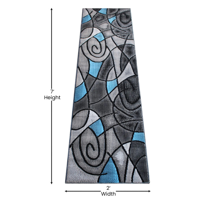 Angie Collection 2' x 7' Blue Abstract Area Rug - Olefin Rug with Jute Backing iHome Studio