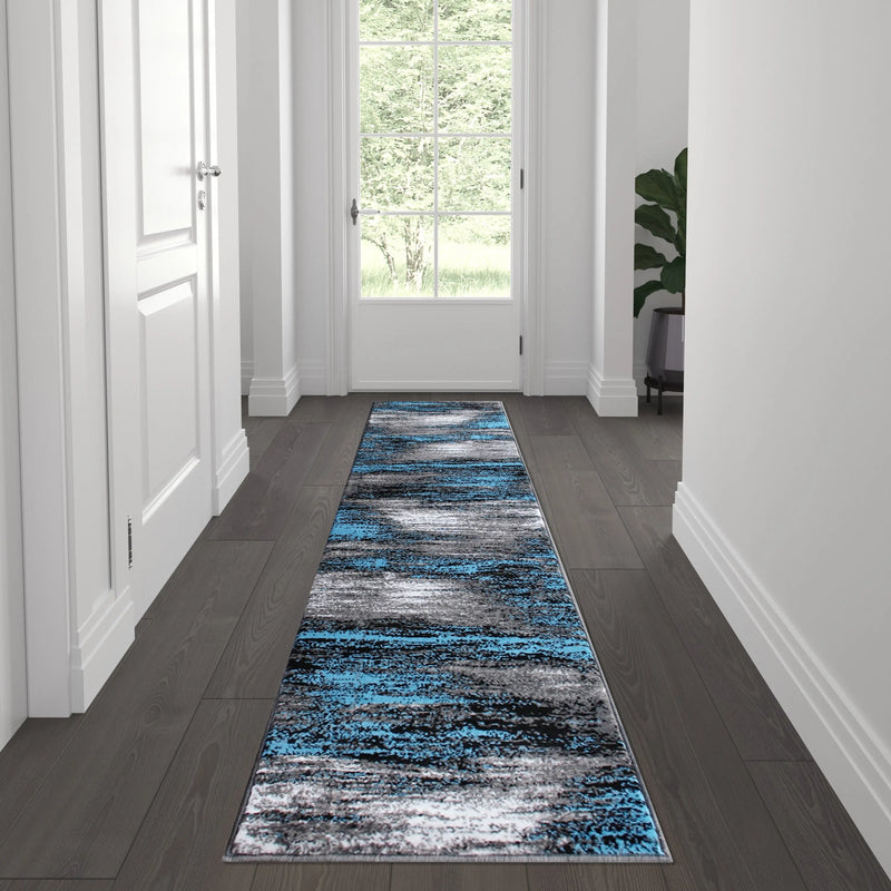 Angie Collection 2' x 7' Blue Brush Abstract Area Rug - Olefin Rug with Jute Backing iHome Studio