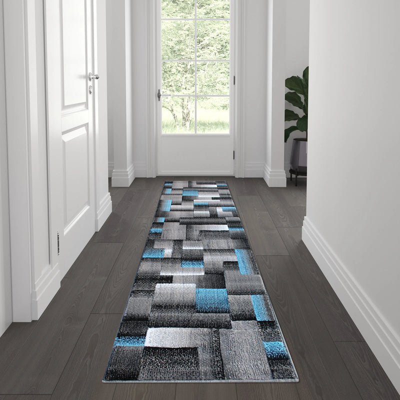 Angie Collection 2' x 7' Blue Color Blocked Area Rug - Olefin Rug with Jute Backing iHome Studio