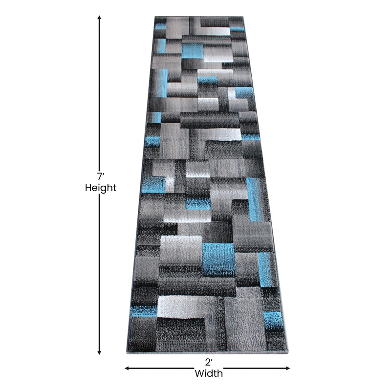 Angie Collection 2' x 7' Blue Color Blocked Area Rug - Olefin Rug with Jute Backing iHome Studio