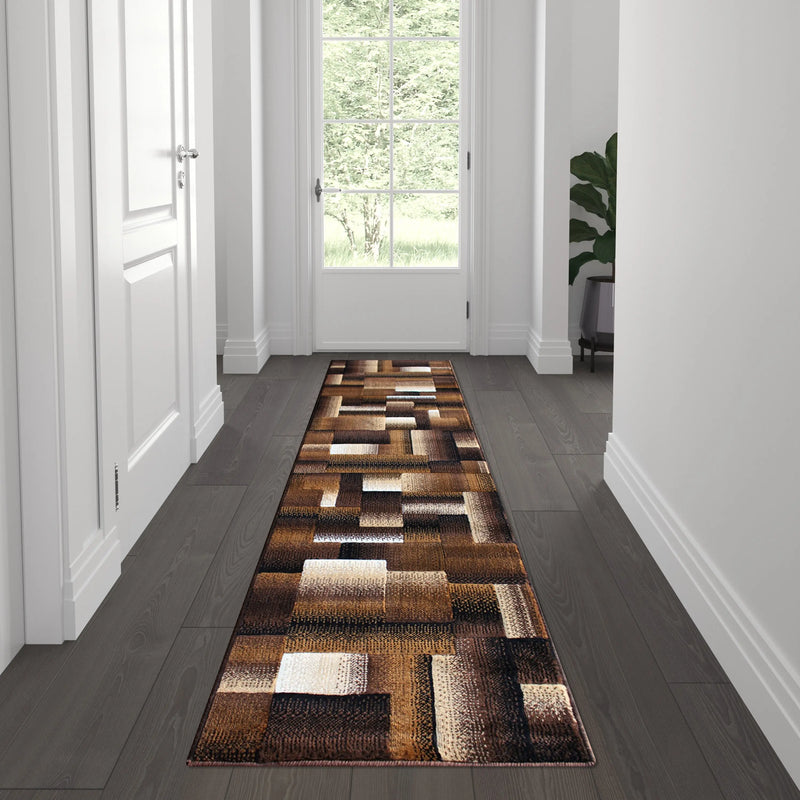 Angie Collection 2' x 7' Chocolate Color Blocked Area Rug - Olefin Rug with Jute Backing iHome Studio