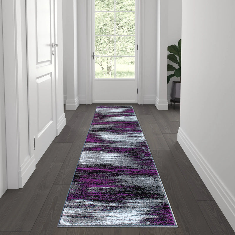 Angie Collection 2' x 7' Purple Brush Abstract Area Rug - Olefin Rug with Jute Backing iHome Studio