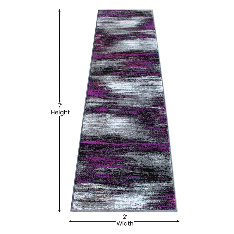 Angie Collection 2' x 7' Purple Brush Abstract Area Rug - Olefin Rug with Jute Backing iHome Studio