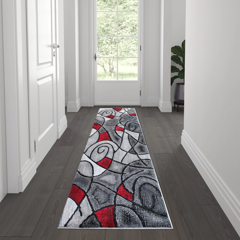 Angie Collection 2' x 7' Red Abstract Area Rug - Olefin Rug with Jute Backing iHome Studio
