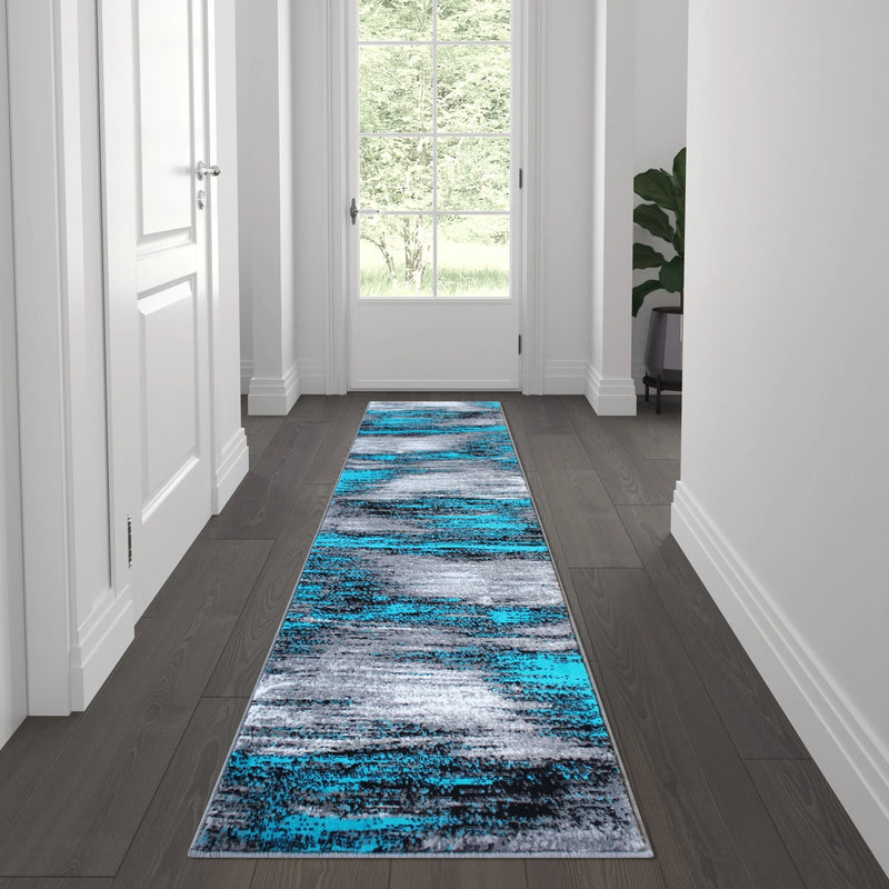 Angie Collection 2' x 7' Turquoise Brush Abstract Area Rug-Olefin Rug with Jute Backing iHome Studio