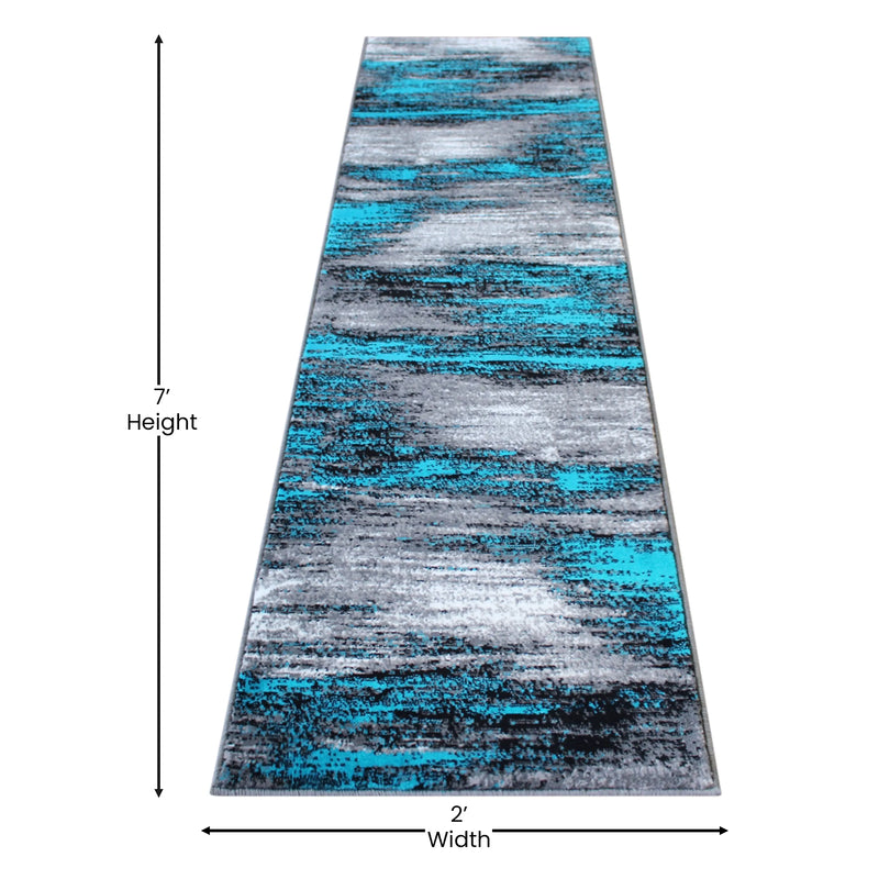 Angie Collection 2' x 7' Turquoise Brush Abstract Area Rug-Olefin Rug with Jute Backing iHome Studio