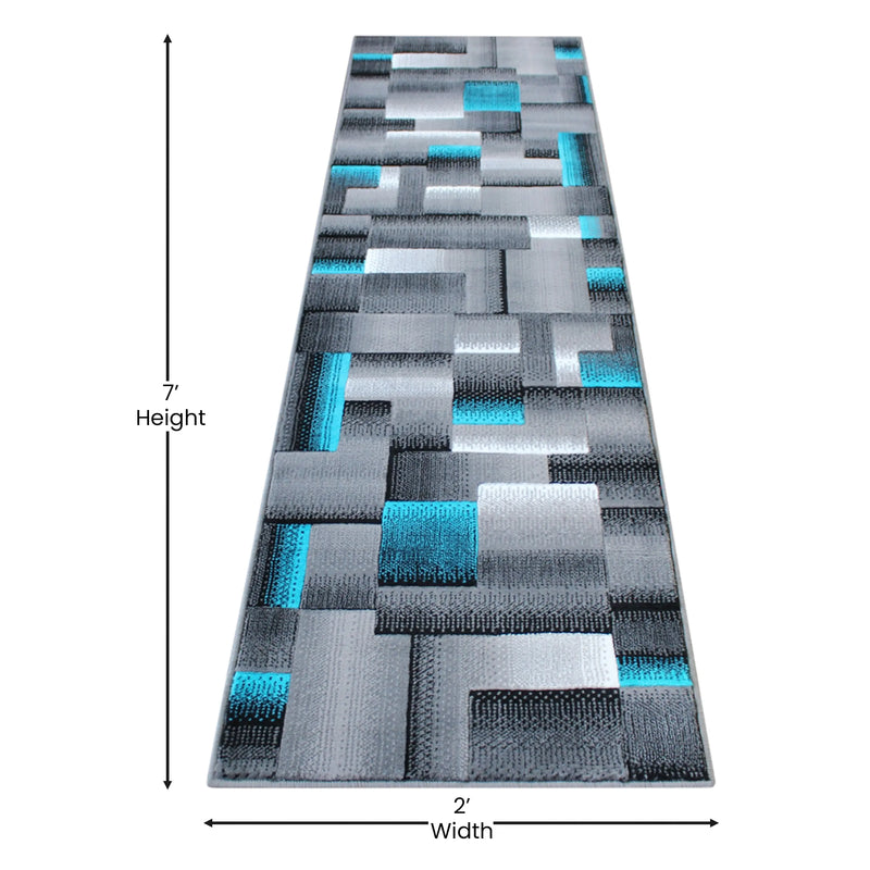 Angie Collection 2' x 7' Turquoise Color Blocked Area Rug - Olefin Rug with Jute Backing iHome Studio