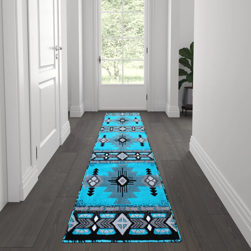Angie Collection 2' x 7' Turquoise Traditional Southwestern Style Area Rug - Olefin Fibers with Jute Backing iHome Studio