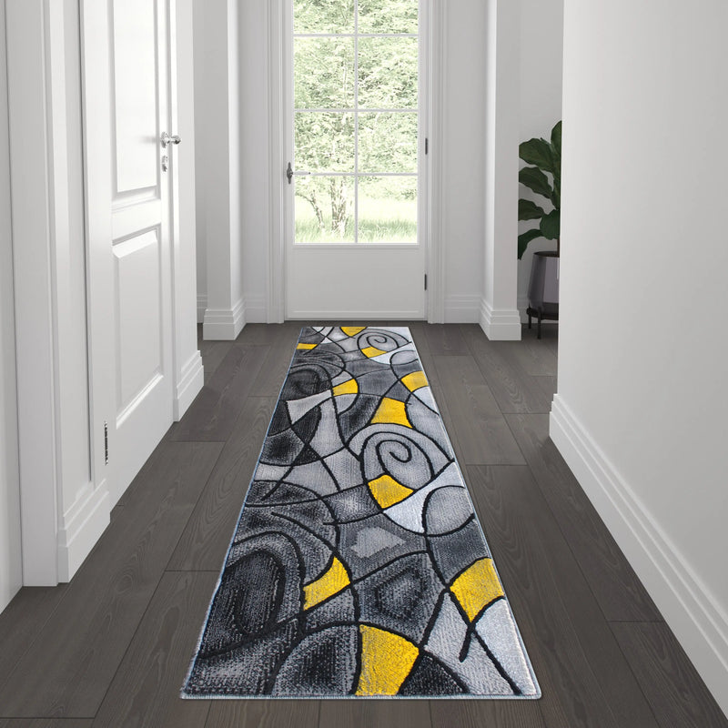 Angie Collection 2' x 7' Yellow Abstract Area Rug - Olefin Rug with Jute Backing iHome Studio