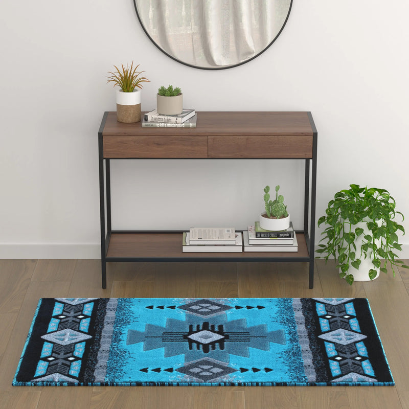 Angie Collection 3' x 5' Turquoise Traditional Southwestern Style Area Rug - Olefin Fibers with Jute Backing iHome Studio