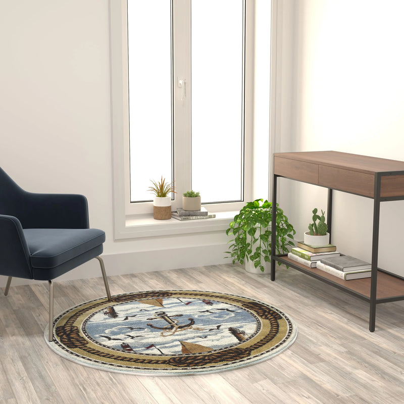 Angie Collection 4' x 4' Round Beige Nautical Themed Area Rug with Jute Backing iHome Studio