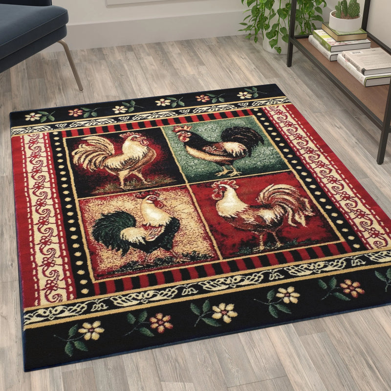 Angie Collection 4' x 5' Red Rooster Themed Olefin Area Rug with Jute Backing iHome Studio