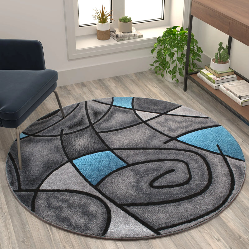 Angie Collection 5' x 5' Round Blue Abstract Area Rug - Olefin Rug with Jute Backing iHome Studio