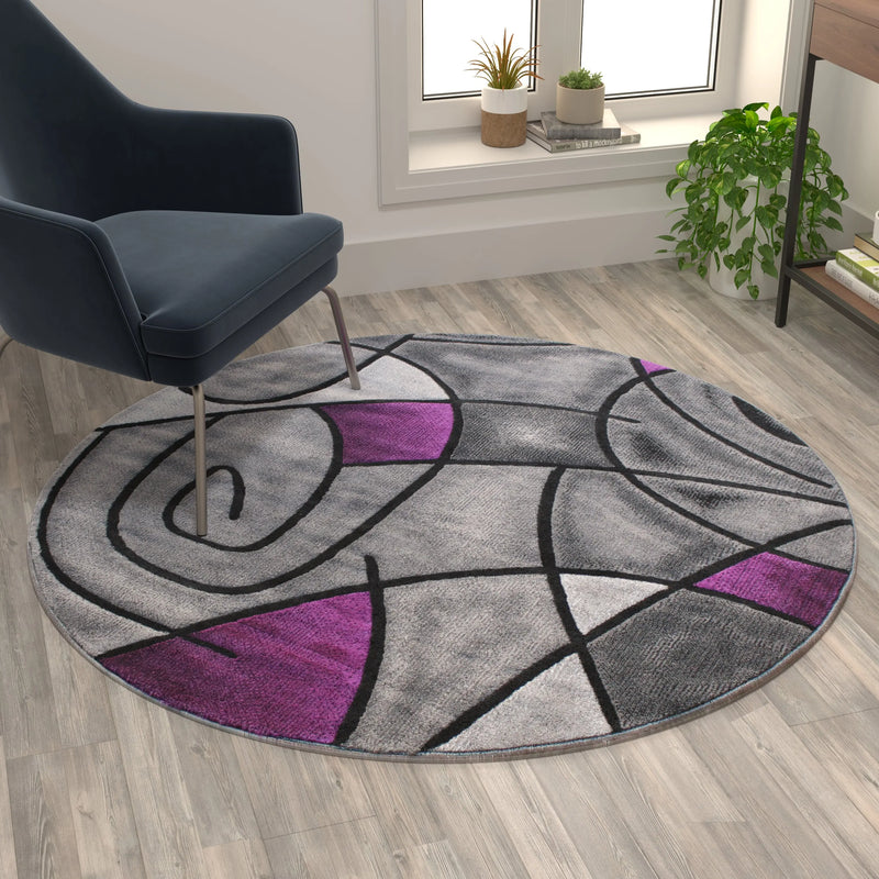 Angie Collection 5' x 5' Round Purple Abstract Area Rug - Olefin Rug with Jute Backing iHome Studio