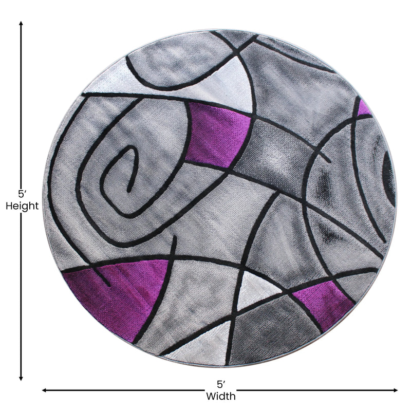 Angie Collection 5' x 5' Round Purple Abstract Area Rug - Olefin Rug with Jute Backing iHome Studio