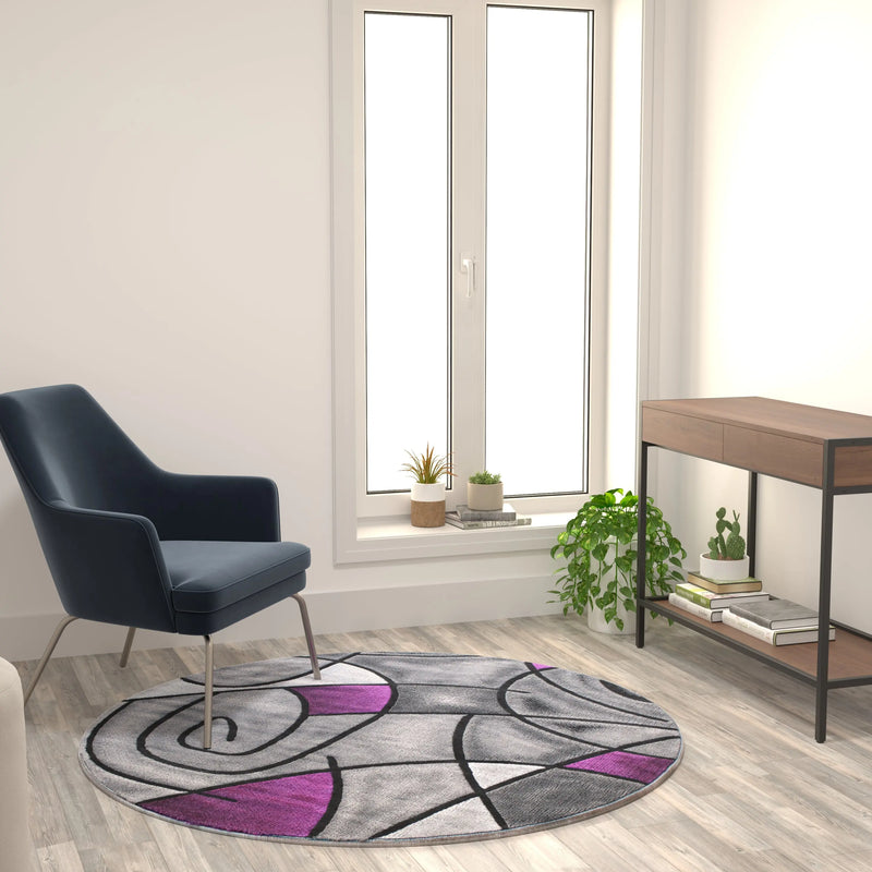 Angie Collection 5' x 5' Round Purple Abstract Area Rug - Olefin Rug with Jute Backing iHome Studio