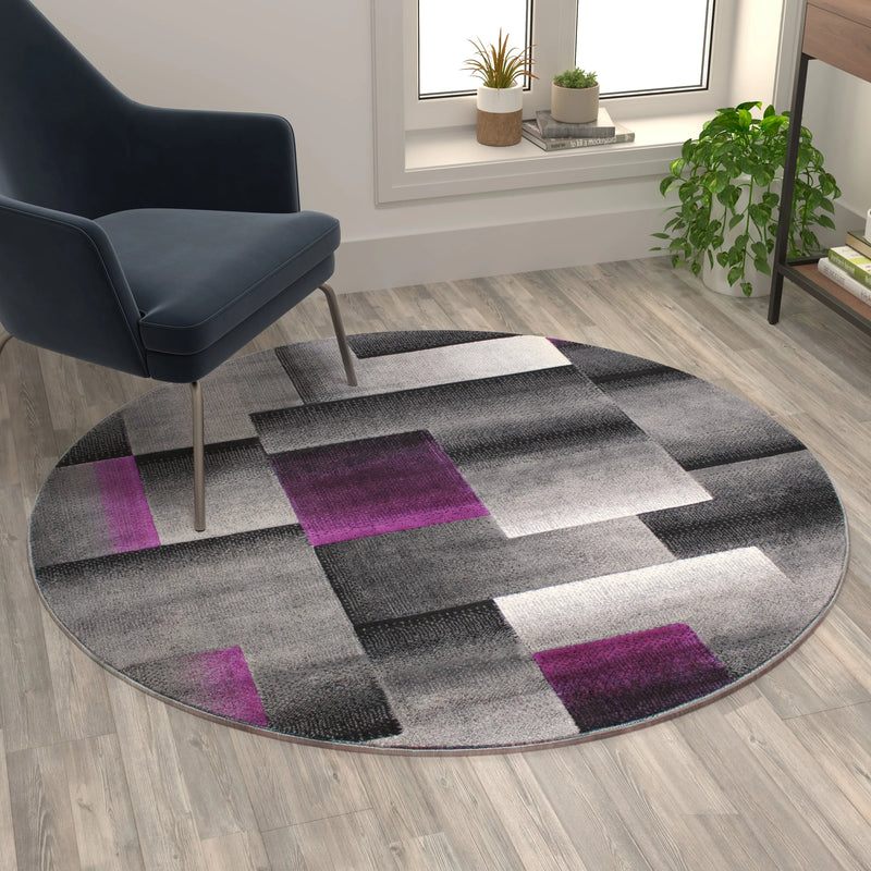 Angie Collection 5' x 5' Round Purple Color Blocked Area Rug - Olefin Rug with Jute Backing iHome Studio