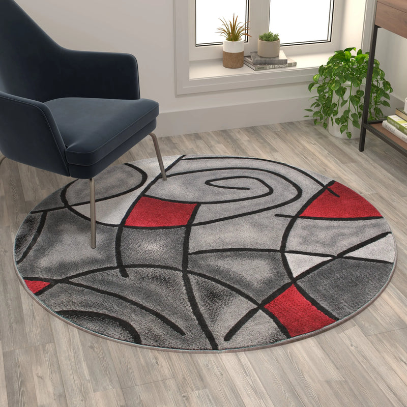 Angie Collection 5' x 5' Round Red Abstract Area Rug - Olefin Rug with Jute Backing iHome Studio