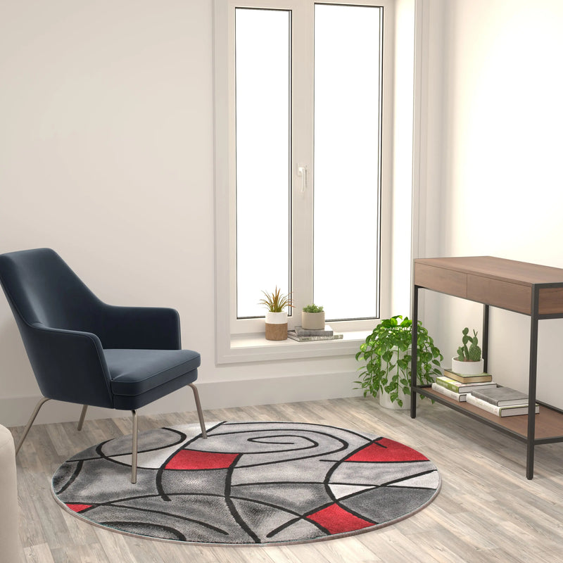 Angie Collection 5' x 5' Round Red Abstract Area Rug - Olefin Rug with Jute Backing iHome Studio