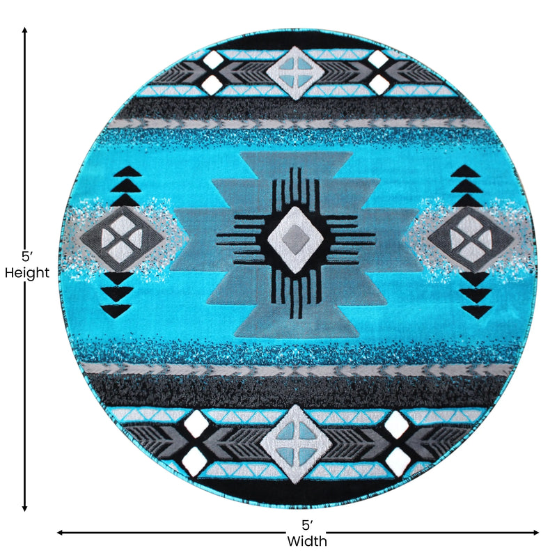 Angie Collection 5' x 5' Turquoise Traditional Southwestern Style Area Rug - Olefin Fibers with Jute Backing iHome Studio