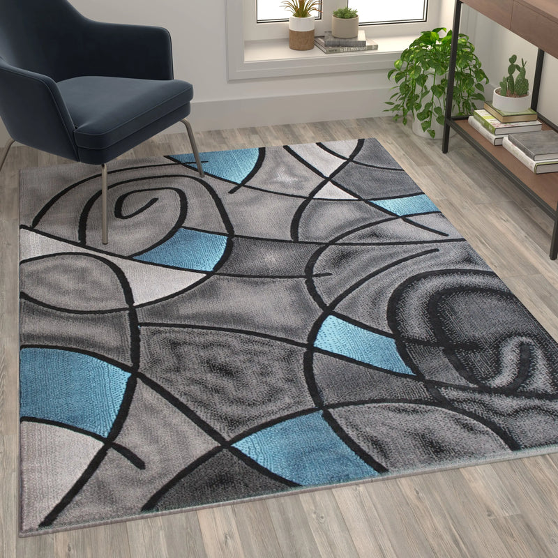 Angie Collection 5' x 7' Blue Abstract Area Rug - Olefin Rug with Jute Backing iHome Studio