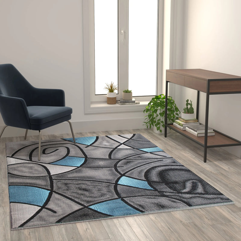 Angie Collection 5' x 7' Blue Abstract Area Rug - Olefin Rug with Jute Backing iHome Studio