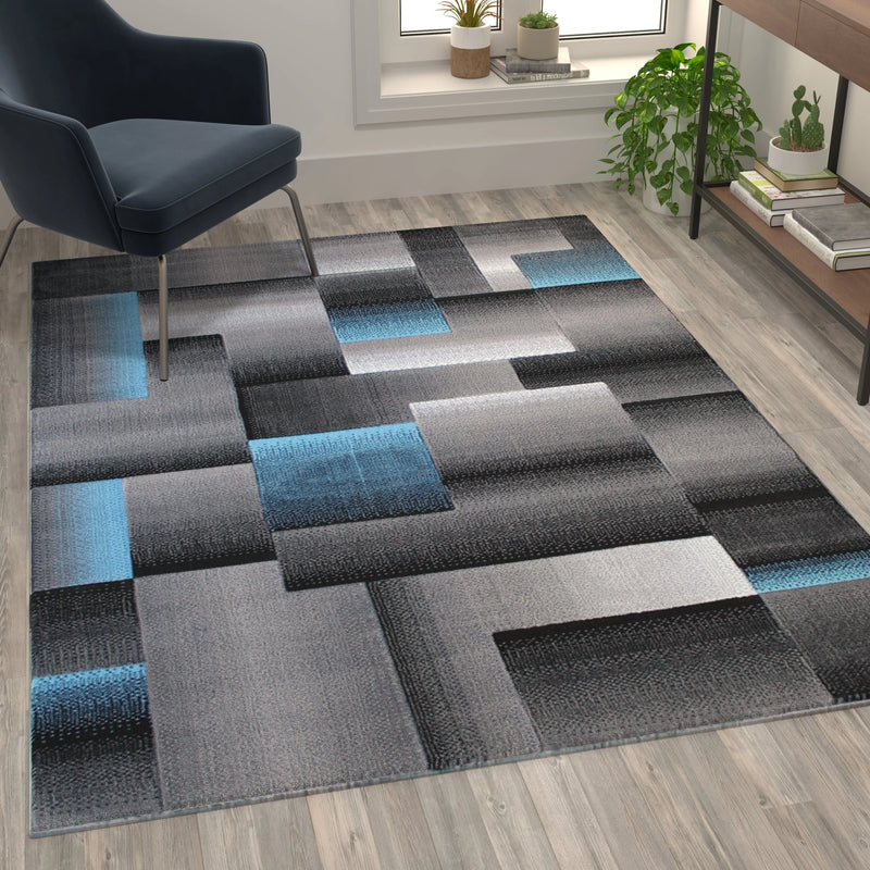 Angie Collection 5' x 7' Blue Color Blocked Area Rug - Olefin Rug with Jute Backing iHome Studio