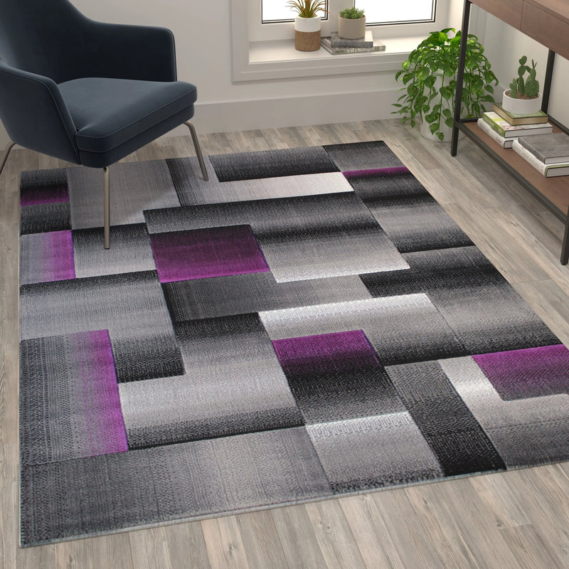 Angie Collection 5' x 7' Purple Color Blocked Area Rug - Olefin Rug with Jute Backing iHome Studio