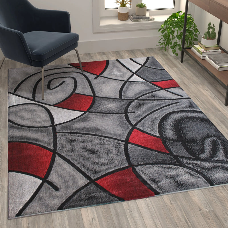 Angie Collection 5' x 7' Red Abstract Area Rug - Olefin Rug with Jute Backing iHome Studio