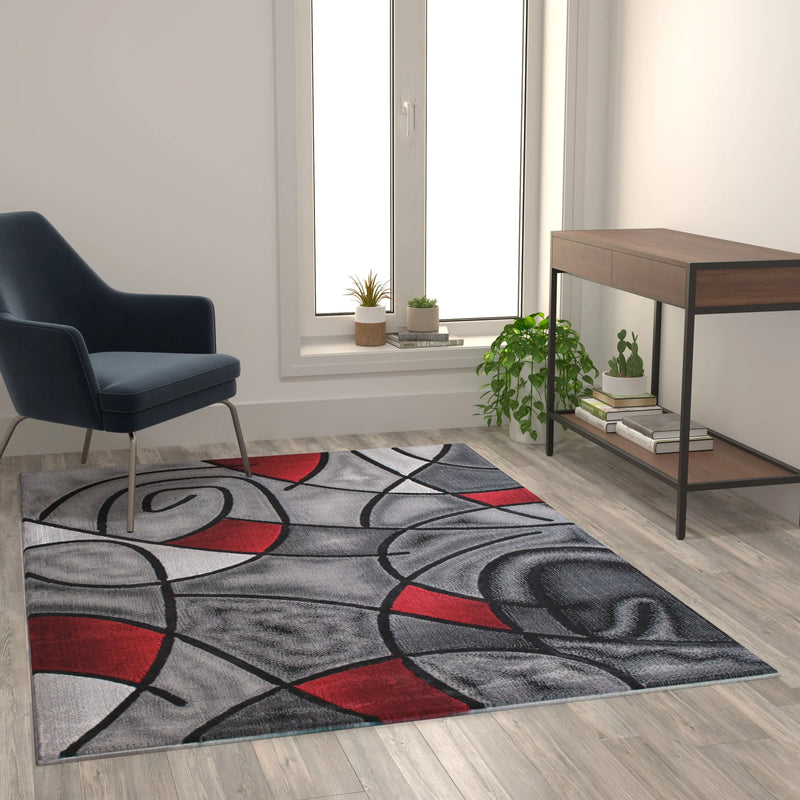 Angie Collection 5' x 7' Red Abstract Area Rug - Olefin Rug with Jute Backing iHome Studio