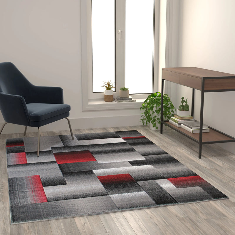 Angie Collection 5' x 7' Red Color Blocked Area Rug - Olefin Rug with Jute Backing iHome Studio