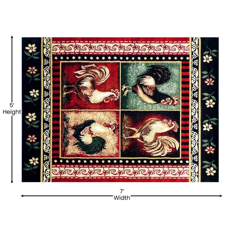 Angie Collection 5' x 7' Red Rooster Themed Olefin Area Rug with Jute Backing iHome Studio