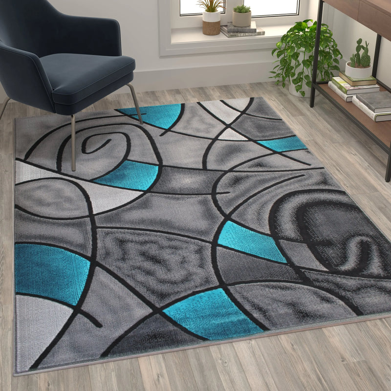 Angie Collection 5' x 7' Turquoise Abstract Area Rug - Olefin Rug with Jute Backing iHome Studio