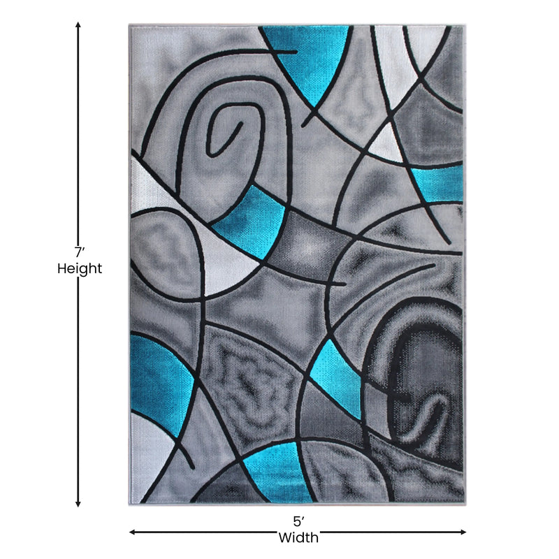 Angie Collection 5' x 7' Turquoise Abstract Area Rug - Olefin Rug with Jute Backing iHome Studio