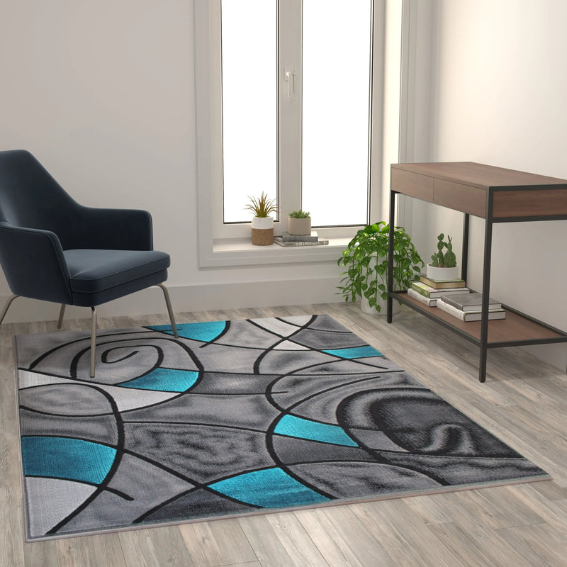 Angie Collection 5' x 7' Turquoise Abstract Area Rug - Olefin Rug with Jute Backing iHome Studio