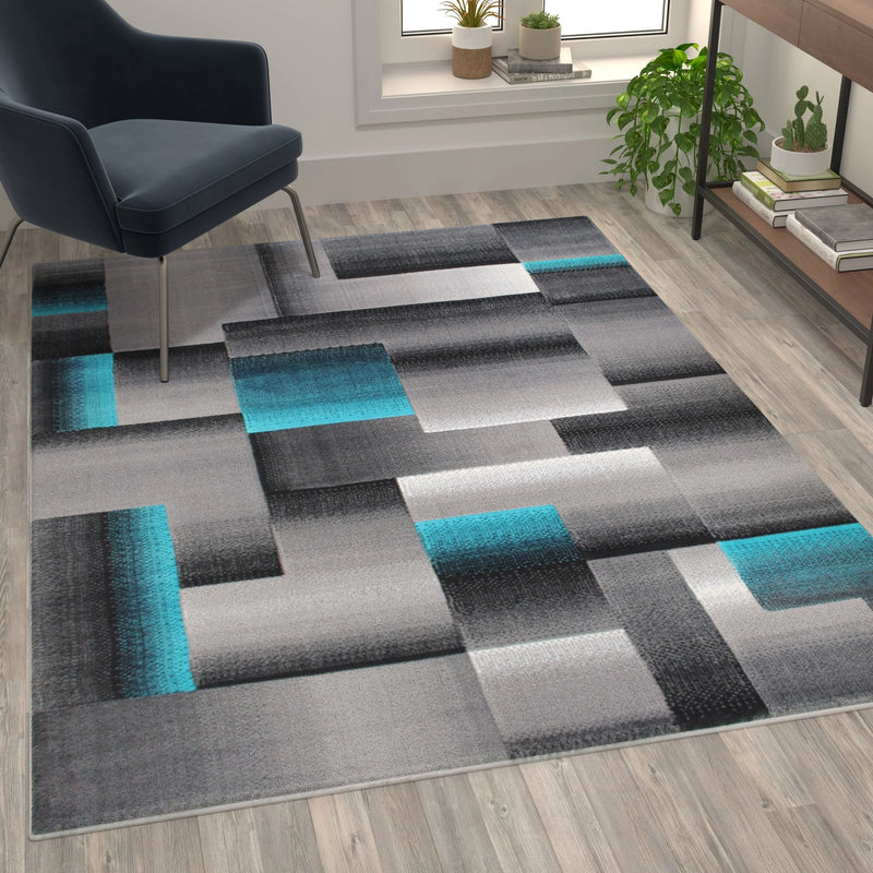 Angie Collection 5' x 7' Turquoise Color Blocked Area Rug - Olefin Rug with Jute Backing iHome Studio