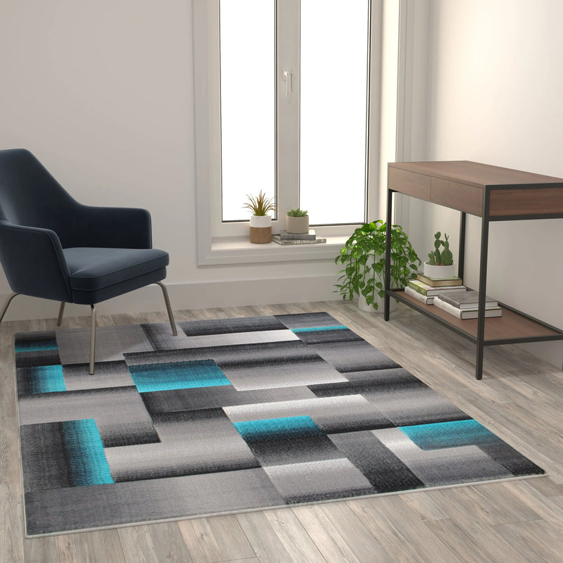 Angie Collection 5' x 7' Turquoise Color Blocked Area Rug - Olefin Rug with Jute Backing iHome Studio